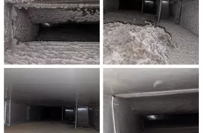 Commercial air duct cleaning necessary for a heavily contaminated system in Howell, showing before and after