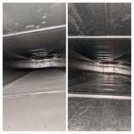 Before-after collage of dirty and cleaned ductwork